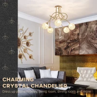 HOMCOM Crystal Chandelier Modern Pendant Light for Living Room with 5 Ball Lampshades 5 G9 Bulbs Required Gold Tone(m-4)