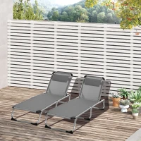 Outsunny Foldable Outdoor Sun Loungers Set of 2, Reclining Lounge Chair Camping Bed Cot with Pillow 4-Level Adjustable Back Aluminium Frame, Grey(m-10)
