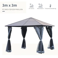 Outsunny Pavillon mit Polycarbonatdach, Vorhänge mit Fliegennetz, Alugestell, dunkelgrau, 3 x 3 m(m-4)