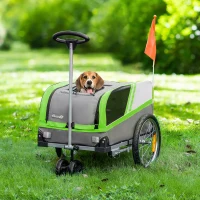 PawHut Remolque de Bicicleta para Perros 2 en 1 Carrito para Mascotas con Enganche Cubierta Enrollable Cinturón de Seguridad Bandera y Reflectores 130x64x97 cm Gris y Verde(m-2)