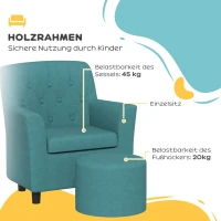 AIYAPLAY Kindersessel mit Hocker, Rückenlehne Diamantmuster, weiche Sitzfläche, Holzrahmen, Blau(m-5)