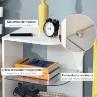 HOMCOM Mesita Auxiliar de Salón Moderna Mesilla de Noche con 3 Estantes Tablero de Cristal Mesita de Café para Sala de Estar Dormitorio 40x40x56 cm Blanco(m-5)