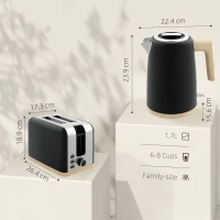 HOMCOM Stainless Steel Kettle and Toaster Set, 1.7L 3000W Fast Boil Kettle & 2 Slice Toaster Kitchen Set with 7 Level Browning Controls, Defrost, Reheat, Auto Off, Boil-dry Protection, Black(m-3)