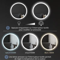 kleankin Miroir rond lumineux LED de salle de bain Ø 60 cm mural avec éclairage 3 couleurs interrupteur tactile 29 W gris(m-5)