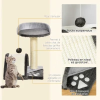 PawHut Arbre à chat griffoir grattoir design jeu boule suspendue + plateforme peluche sisal naturel gris foncé(m-5)
