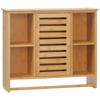 kleankin Armario de Pared de Bambú Mueble Colgante de Baño con 4 Compartimientos y Toallero 65x17,8x54,6 cm Natural(m-1)
