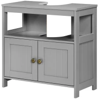 kleankin Pedestal Under Sink Cabinet with Double Doors, Modern Bathroom Vanity Storage Unit with Shelves, Light Grey(m-11)