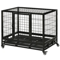 PawHut 36" Heavy Duty Metal Dog Crate Pet Cage with Tray Wheeled Dog Kennel - Black (Medium)(m-11)