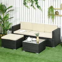 Outsunny Conjunto de Muebles de Ratán de Jardín Sofá de 3 Plazas Taburete y Mesa de Centro con Encimera de Cristal Negro(m-2)