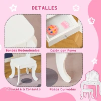 HOMCOM Tocador Infantil con Taburete y Espejo Ajustable, Tocador para Niñas con Cajón, Mesa de Maquillaje para Niños y Niñas de 3-6 Años, Blanco(m-5)