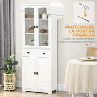 HOMCOM Credenza da Cucina Alta con 2 Armadietti e Cassetto, Ante a Vetri e Ripiani Regolabili, 60x30x160cm, Bianco(m-6)