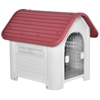 PawHut Caseta para Perro con Puerta Extraíble Base Elevada 3 Respiraderos y Ventana Abrible Caseta de Perros para Interior y Exterior 72x87x75 cm Gris Rojo(m-10)
