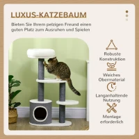 PawHut Kratzbaum mit 1 Katzenhöhle, 1 Katzenbett, 2 Plattformen, Jute-Seilspfosten, Weiß + Grau(m-4)