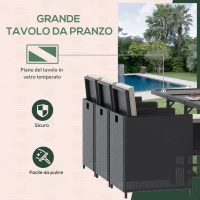 Outsunny Set 11 PZ Mobili da Giardino in Rattan da Esterno con Tavolo in Vetro Temperato e Cuscini, Set da Pranzo, Nero(m-6)