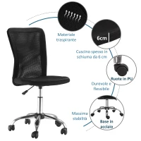 Vinsetto Sedia da Ufficio Ergonomica Senza Braccioli, Sedia per Scrivania in Tessuto Traspirante a Rete, Altezza Regolabile e 5 Ruote, 43x58x90-100 cm, Nero(m-5)
