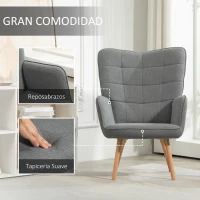 HOMCOM Butaca de Dormitorio con Respaldo Alto Reposabrazos Tela de Lino y Patas de Madera para Sala de Estar 71x76x101 cm Gris(m-4)