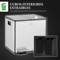 HOMCOM Papelera de Cocina de Acero Inoxidable con 2 Compartimentos 2x20L Pedal Tapas de Cierre Suave y Cubo Extraíble Plata(m-7)