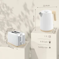HOMCOM Stainless Steel Kettle and Toaster Set, 1.7L 3000W Fast Boil Kettle & 2 Slice Toaster Kitchen Set with 7 Level Browning Controls, Defrost, Reheat, Auto Off, Boil-dry Protection, White(m-3)