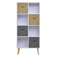 HOMCOM Biblliothèque étagère scandinave 4 niches 4 paniers tissu kaki gris pieds effilés bois pin panneaux particules blanc(m-8)