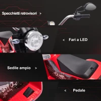 HOMCOM Moto Elettrica per Bambini a 3 Ruote con Luci e Suoni, Batteria Ricaricabile 6V, Velocità 2 km/h, per Bimbi da 18-36 Mesi, 72x57x56cm Rossa(m-5)