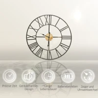HOMCOM Wanduhr Vintage-Design 60 cm Durchmesser, mit römischen Zahlen, geräuschlos 60 cm x 60 cm x 4 cm Schwarz Natur(m-6)
