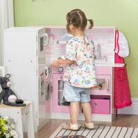 HOMCOM Cuisine d'angle pour enfants avec accessoires, sons et lumières - en MDF - rose et blanche(m-2)