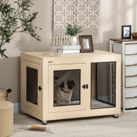 PawHut Jaula para Perros Grandes de Interior Mesa Auxiliar con 2 Puertas con Pestillo y Cojín 94x60x71,5 cm Roble(m-2)