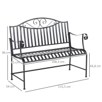 Outsunny Gartenbank Sitzbank Parkbank 2-Sitzer Metallbank Stahlrahmen mit Armlehne für Garten Balkon und Terrasse bis 220 kg belastbar Grau 115,5 x 54 x 96 cm(m-3)