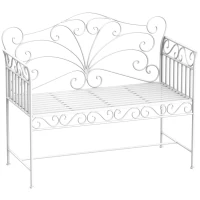 Outsunny Banco de Jardín de 2 Plazas 113,5x50x96 cm Banco de Terraza de Metal con Respaldo Decorativo y Reposabrazos Vintage para Exterior Carga 200 kg Crema(m-1)