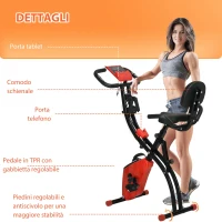 HOMCOM Cyclette Pieghevole 2 in 1, Resistenza Magnetica Regolabile 8 Livelli, Cyclette da Casa Silenziosa con Sensore di Frequenza Cardiaca, Elastici per Braccia, Schermo LCD, Volano 2.5kg, Rosso(m-9)