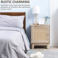 HOMCOM Bedside Table, Bedside Cabinet with Storage Cupboard, Side End Table with Rattan Element for Living Room, Bedroom, Set of 2, Natural(m-4)