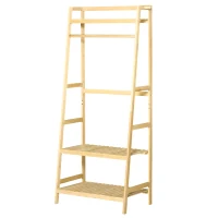 HOMCOM Perchero de Pie de Bambú Perchero Trapezoidal con Estantería de 3 Niveles con Barra y Colgador Lateral para Ropa Bolsas para Pared Dormitorio 70x42x164 cm Natural(m-11)