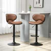 HOMCOM Adjustable Bar Stools Set of 2, Swivel Leathaire Upholstered Barstools with Large Seat, Breakfast Bar Chairs with Back, Footrest and Steel Base, Brown(m-2)