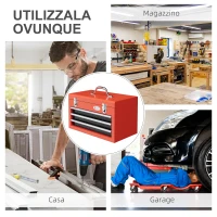 DURHAND Cassetta Porta Attrezzi con 3 Cassetti e Vano Superiore in Acciaio con Maniglia, 45x24x27cm, Rosso(m-6)