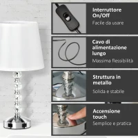 HOMCOM Lampada da Tavolo con Cristalli e 2 Prese USB, Interruttore Touch e Attacco E27, Ф23x45cm, Bianco e Argento(m-5)