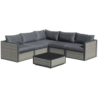 Outsunny 6 Pieces Patio Wicker Corner Sofa Set, Outdoor PE Rattan Sectional Conversation Aluminum Frame Furniture Set w/ Padded Cushion & Coffee Table, Grey(m-11)