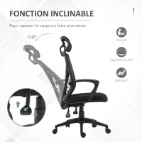 HOMCOM Fauteuil de bureau manager grand confort dossier ergonomique inclinable hauteur assise réglable pivotant tissu maille noir(m-5)