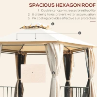 Outsunny 3 x 3 Hexagon Gazebo Patio Canopy Party Tent Outdoor Garden Shelter with 2 Tier Roof and Side Panel, Beige(m-4)
