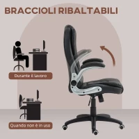 HOMCOM Sedia da Ufficio in Finta Pelle PU con Braccioli Ribaltabili, Schienale Alto e Dondolo, Nero(m-4)