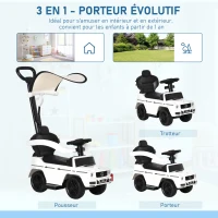 HOMCOM Porteur Enfants Voiture Enfant Multi-équipée 12-36 Mois klaxon Marche-Pieds, Garde-Corps et ombrelle Blanc(m-4)