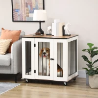 PawHut Dog Crate Furniture, Dog Cage End Table, with Wheels, for Medium Dogs, 80 x 60 x 76.5cm  - White(m-2)
