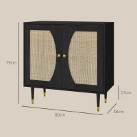 HOMCOM Buffet de cuisine meuble de rangement design bohème double portes avec 2 niveaux, façade en rotin 80 x 38 x 79 cm noir(m-3)