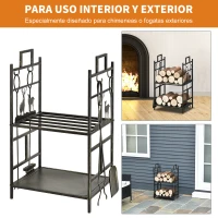 Outsunny Soporte para Leña de Metal con 4 Herramientas y Asas para Interior y Exterior 51,5x33x77 cm Negro Dorado(m-6)