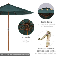 Outsunny Ombrellone da giardino in legno di pioppo, copertura di poliestere Verde, Stabile, Anti-UV, Ø270 x 250cm(m-5)