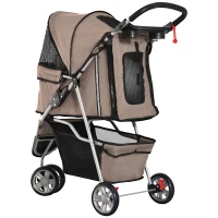 PawHut Poussette buggy pliable animaux, chariot pliant chien chat, porte-gobelet panier de rangement inclus, roues avec frein, tissu 600D Oxford acier, 75 x 45 x 97 cm marron(m-9)