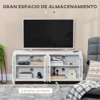 HOMCOM Mueble TV de Salón Mesa para Televisores de hasta 58" con 4 Puertas de Vidrio Estantes Ajustables 130x35x60 cm Blanco(m-4)