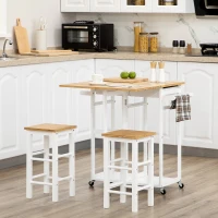 HOMCOM Kitchen Island Set with 2 Stools, Bamboo Breakfast Cart with Drop Leaf Top, Drawers and Towel Rack, Rolling Kitchen Cart and Chairs Set, White(m-2)
