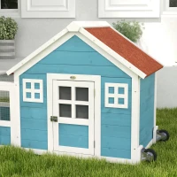 PawHut Jaula para Conejo Grande con 2 Ventanas de Decoración Ruedas 1 Puerta 1 Rampa y Techo de Asfalto 162,5x59,2x77,6 cm Azul(m-8)