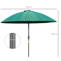 Outsunny Parasol droit parasol de jardin inclinable rond avec 18 baleines manivelle mât en métal fibre de verre Ø 2,5 m polyester haute densité vert(m-3)