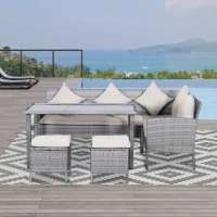Outsunny 5-tlg. Gartenmöbel Set, Rattan Sitzgruppe mit Fußhocker, Metall, Grau, 142 x 60 x 75 cm(m-2)